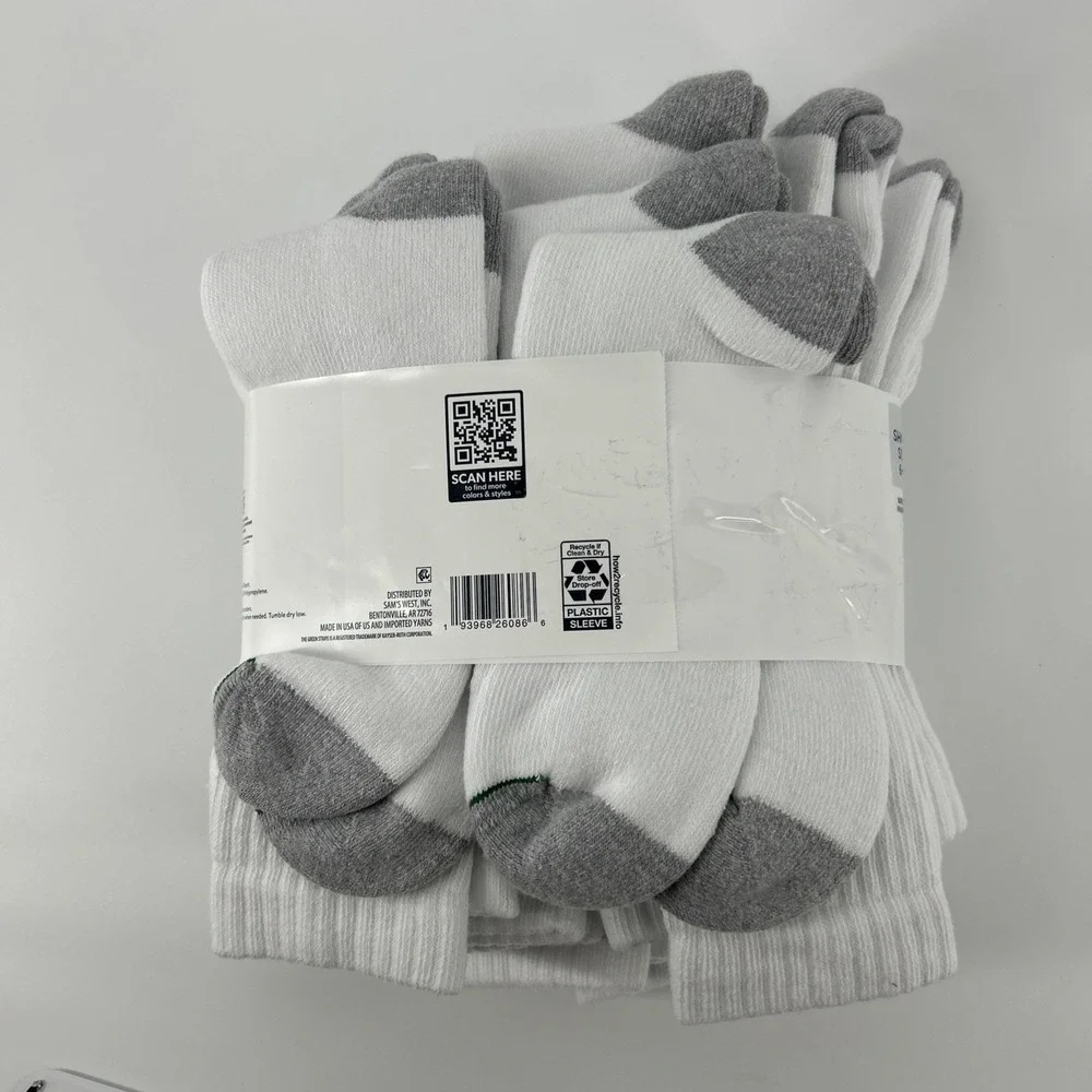 Member's Mark Crew Socks 10 Pair Cotton Blend Sizes 6-12 White & Gray Workwear